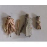 Three small early wooden dolls, painted heads, most limbs missing, 2 1/2" - 4 1/2" (Est. plus 21%