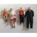 Four bisque head dolls' house dolls, two male, two female, complete with outfits, 4" to 6" (Est.