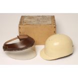 A HERBERT JOHNSON VINTAGE MOTORCYCLE HELMET (1936-1952), the cork and foam lined cream painted