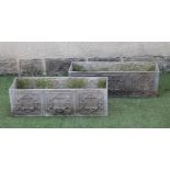 A PAIR OF LEAD PLANTERS, modern, of oblong form moulded with scrollwork panels, 33 1/4" x 11 1/4"