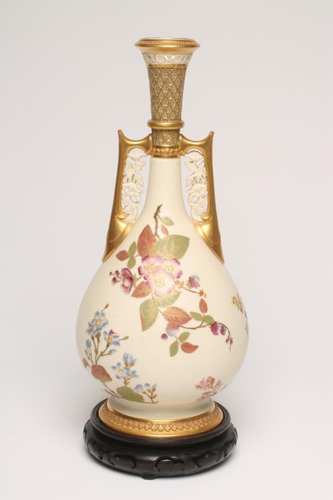 A ROYAL WORCESTER PORCELAIN PERSIAN STYLE VASE, 1888, of swept baluster form with honeycomb