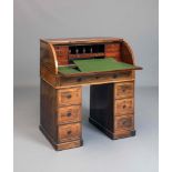 A LATE VICTORIAN ROSEWOOD AND SATINWOOD BANDED CYLINDER BUREAU, crossbanded with stringing, the