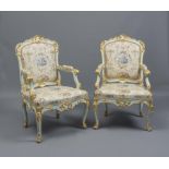 A PAIR OF LOUIS XV PAINTED AND PARCEL GILT BEECH FAUTEUILS A LA REINE, c.1760, carved with foliate
