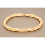 A CULTURED PEARL ROPE CHOKER, probably Indian, the engraved clasp stamped 585, 14k, 16" long (Est.