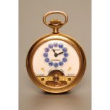 AN HEBDOMAS TOP WIND EIGHT DAY GOLD PLATED POCKET WATCH, the white enamel three quarter dial with