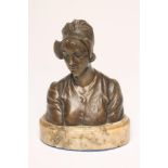 EUTROPE BOURET (French 1838-1906), Bronze bust of a Young Woman wearing a Bonnet, signed, raised