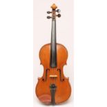 A VIOLIN with one piece back, slightly notched sound holes, rosewood turners, stamped "Thouvenel