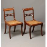 A PAIR OF REGENCY MAHOGANY SIDE CHAIRS, the moulded and part wrythen turned scroll back uprights
