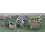 A COMPOSITION STONE PLANTER of square tapering form, 17 1/2" x 13 1/2", together with a