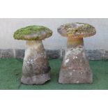 A MATCHED PAIR OF SANDSTONE STADDLE STONES, the domed cap on rounded square tapering base,