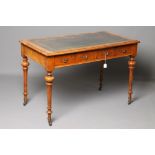 A VICTORIAN POLLARD OAK WRITING TABLE, the banded and moulded edged oblong top inset with tooled