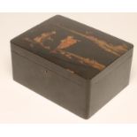 A JAPANESE BLACK LACQUERED BOX, of plain rounded oblong form, the hinged cover with two travellers