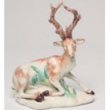 A DERBY PORCELAIN STAG, c.1770, modelled at lodge with an outstretched left front leg on a grass