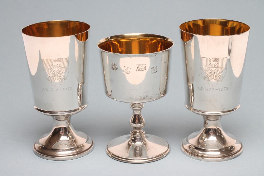 A PAIR OF RIPON CATHEDRAL SILVER GOBLETS, maker Barker Ellis, Birmingham 1971, the plain flared