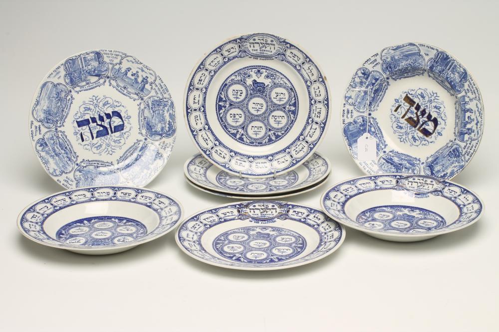 FOUR RIDGWAYS EARTHENWARE "PASSOVER SEDAR" PLATES, 1923, printed in underglaze blue with the Service