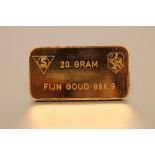 A GOLD "INGOT", stamped "20 GM, Fijn Goud 999.9/Schone N.V. Amsterdam", 20g (Est. plus 21% premium