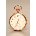 A 14CT GOLD POCKET WATCH, the white enamel dial with black Arabic numerals enclosing subsidiary