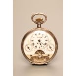 AN HEBDOMAS EIGHT DAY SILVER POCKET WATCH, the white enamel three quarter dial with day and date