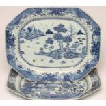 TWO CHINESE EXPORT PORCELAIN LARGE MEAT PLATES of canted oblong form, painted in underglaze blue