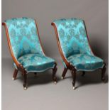 A PAIR OF VICTORIAN ROSEWOOD SALON CHAIRS of Grecian form upholstered in turquoise silk brocade,