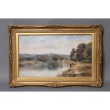 E STEELE (19th/20th Century), Riverscene with Figures, Village Upstream, oil on canvas, signed,