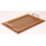 A DAVID LINLEY WALNUT AND MAPLE WOOD TRAY, modern, of plain oblong form, the two angular chrome