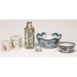 A COLLECTION OF CHINESE PORCELAIN including two famille rose cylindrical boxes and covers painted