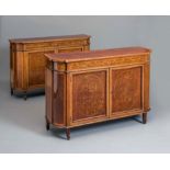 A PAIR OF EDWARDIAN SIDE CABINETS by Maple & Co., of shallow D form with stringing and satinwood