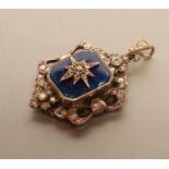 A VICTORIAN DIAMOND PENDANT, the canted oblong blue guilloche enamel panel centred by a star with