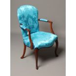 A MAHOGANY ELBOW CHAIR, late 18th century, in French Hepplewhite style, upholstered in turquoise
