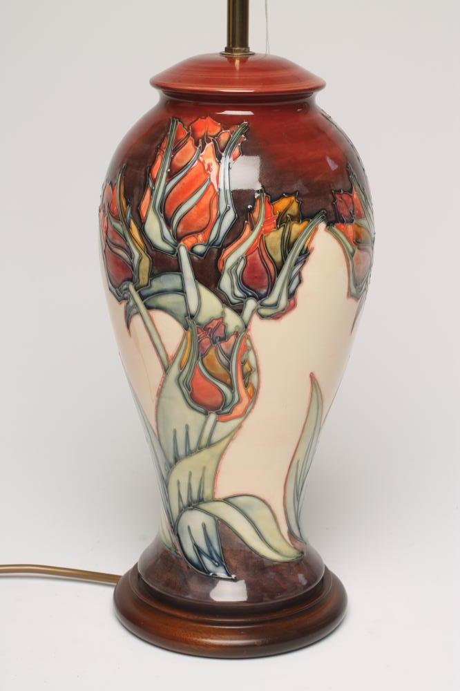 A MOORCROFT POTTERY TABLE LAMP BASE, modern, of inverted baluster form tubelined and painted with