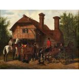 WILLIAM HILYARD (19th Century), Travellers and Horses before a Post House, oil on canvas, signed,