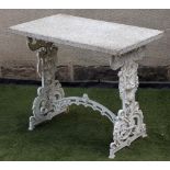 A VICTORIAN CAST IRON PUB TABLE of oblong form with composite stone top