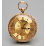 A MID VICTORIAN GENTLEMAN'S KEY WIND 18CT GOLD FOB WATCH, the gilt dial with Roman numerals to the