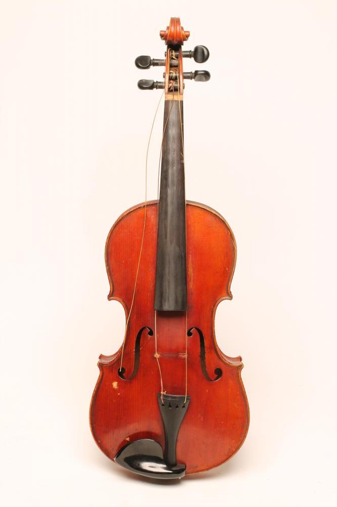 A VIOLA with one piece back, pine fascia with notched sound holes, ebony turning pegs, unmarked