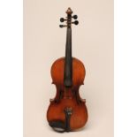 A VIOLIN with one piece back, pine fascia with sound holes, ebony turning pegs, bears label "Josef