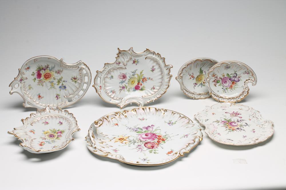 A COMPOSITE DRESDEN PORCELAIN PART SERVICE, late 19th century, painted in polychrome enamels with