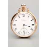 A 9CT GOLD WALTHAM TOP WIND POCKET WATCH, the white enamel dial with black Roman numerals