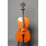 A CELLO, modern, with two piece back, notched sound holes and ebony turning pegs, labelled "Supplied