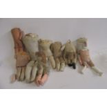 Ten various dolls' shoulder head bodies, mainly fabric covered, one in kid, some with arms, all with