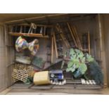 A quantity of Britains and other metal garden accessories and rustic wood fencing, P (Est. plus