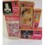 Six boxed Sindy accessories comprising bed and bed clothes, dining table and chairs, sideboard, wash
