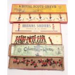 Three sets of Britains soldiers comprising The Coldstream Guards No.120, Scots Greys No.32 and