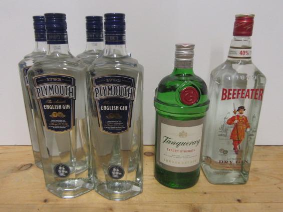 Six litre bottles of Gin comprising four Plymouth English Gin, one Tanqueray London Dry Gin and
