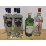 Six litre bottles of Gin comprising four Plymouth English Gin, one Tanqueray London Dry Gin and