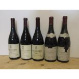 Three bottles 1996 Monthelie-Les-Duresses Dom. de Comtes Lafon, and two bottles 1986 Vosne Romanee