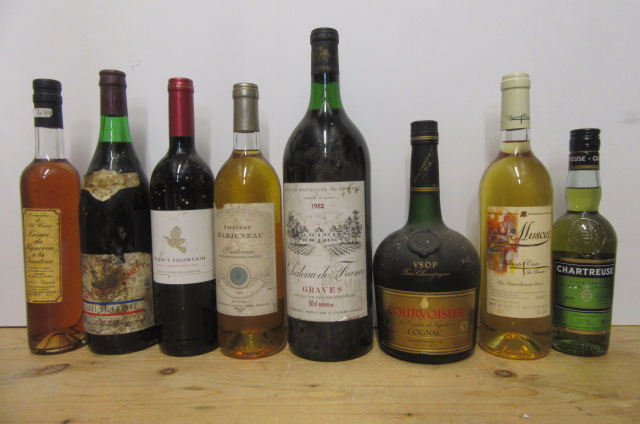 One bottle 1982 Chateau de France Graves, one bottle 1989 Chateau Barjuneau Sauternes, one litre