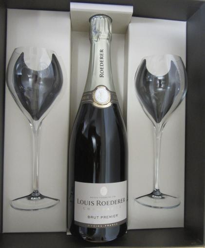 Two bottles NV Louis Roederer Brut Premier champagne each in presentation box with two goblets (Est.