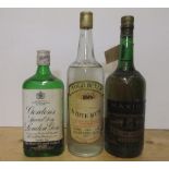 One bottle Maxime Freres Napoleon Brandy, one bottle Four Bells White Rum, one bottle Gordons Gin (