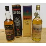 One bottle Tomatin 10 year old Single Malt Whisky, in tube, together with one bottle Aultmore 12